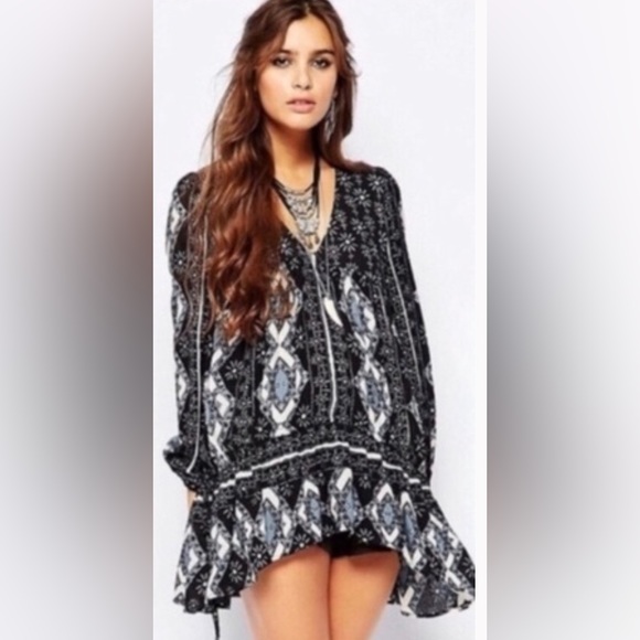 Free People Down By The Bay ~Size XS~ Long Sleeve Flowy Boho Tunic Peasant Dress - Picture 8 of 15